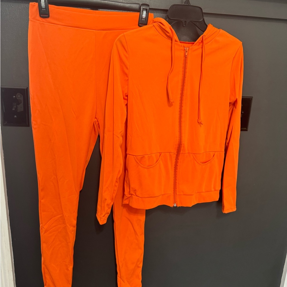 SHEIN Bright Orange Track Pants & Hoodie Set